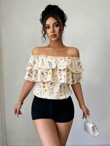 Elenzga Women's Floral Ruffle Off-Shoulder Fashion Blouse - Apricot - View 5