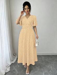 SHEIN LUNE 女款圓點圖案重疊V領荷葉邊短袖優雅洋裝 - 黃色 - 查看 6