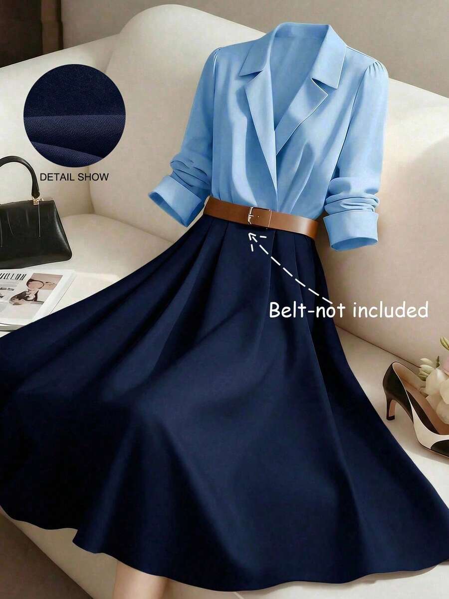 EMERY ROSE Damen Hemdblusenkleid ohne Gürtel mit Farbblock-Patchwork-Design, tailliert, A-Linie, elegant, für Alltag, Pendeln, Mode, französischer Streetstyle, Retro, vielseitig, Urlaub, Business, Herbst/Winter, Langarm - Verschiedenfarbig - Übersicht 1