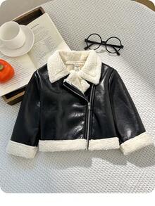 SHEIN Baby Girl Autumn/Winter Cute Versatile Colorblock Thermal Lined Faux Fur Jacket Coat - Black - View 3