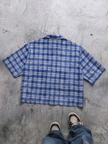 THE POWERPUFF GIRLS X SHEIN Men's Plaid Short Sleeve Single-Breasted Shirt, - Blue - View 2