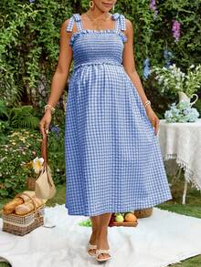 Lyckli Plaid Maternity Nursing Casual Soft Form 1960s Daily Dates Outing Dress Blue And Yellow Summer - Blue and White - View 5