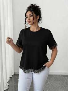 EMERY ROSE Plus Size Women's Vacation T-Shirt With Asymmetrical Back Design And Lace Patchwork Details - Black - View 3