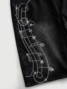 ROMWE MEN Street Life Washed Loose Casual Straight Leg Versatile Rhinestone Denim Shorts For Men - Black - View 4