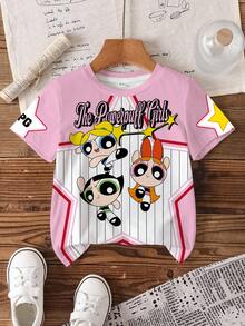 THE POWERPUFF GIRLS X SHEIN Young Girl Color Block Striped Star Cartoon Print T-Shirt - White - View 7