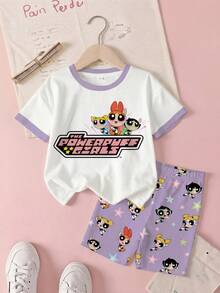 THE POWERPUFF GIRLS X SHEIN 小女孩卡通印花T恤和短裤套装 - 白色 - 查看 1