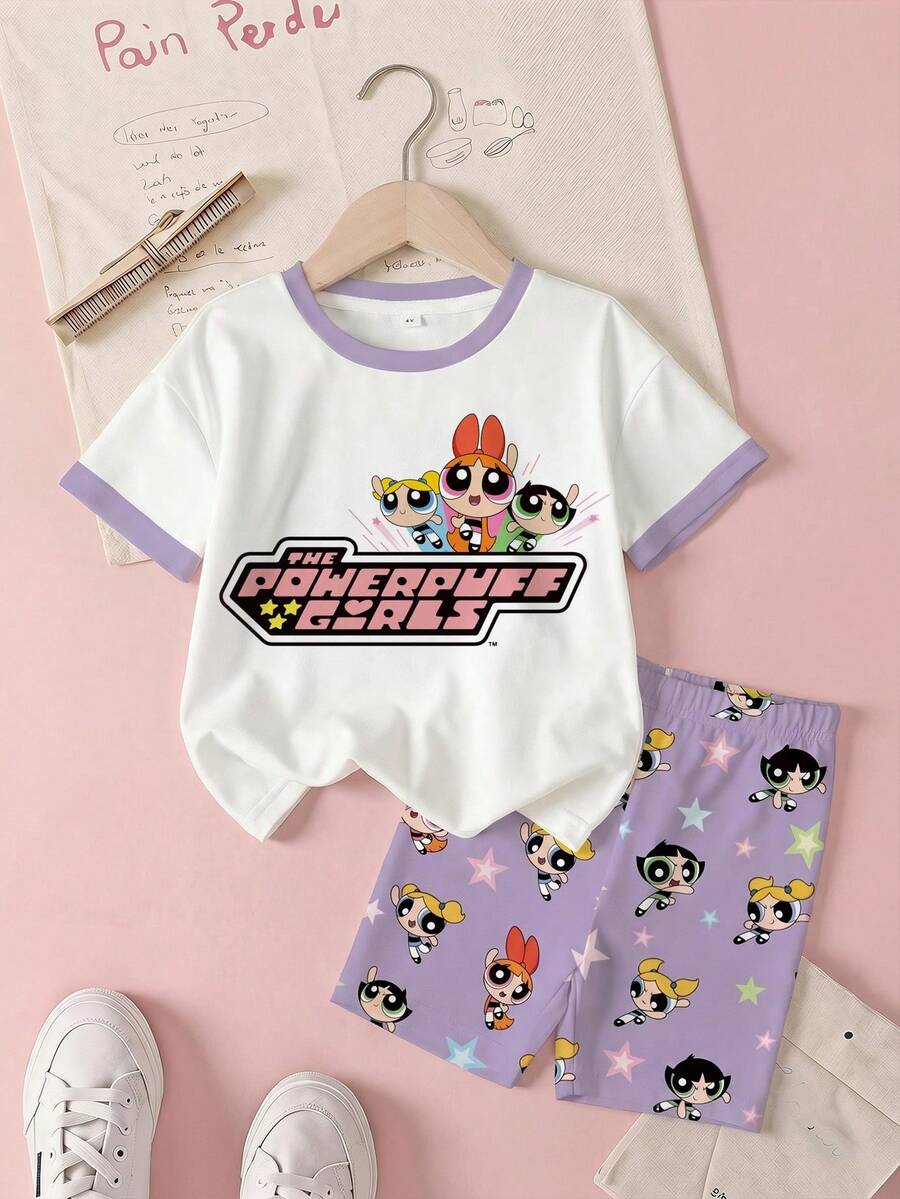 THE POWERPUFF GIRLS X SHEIN 小女孩卡通印花T恤和短裤套装 - 白色 - 查看 1