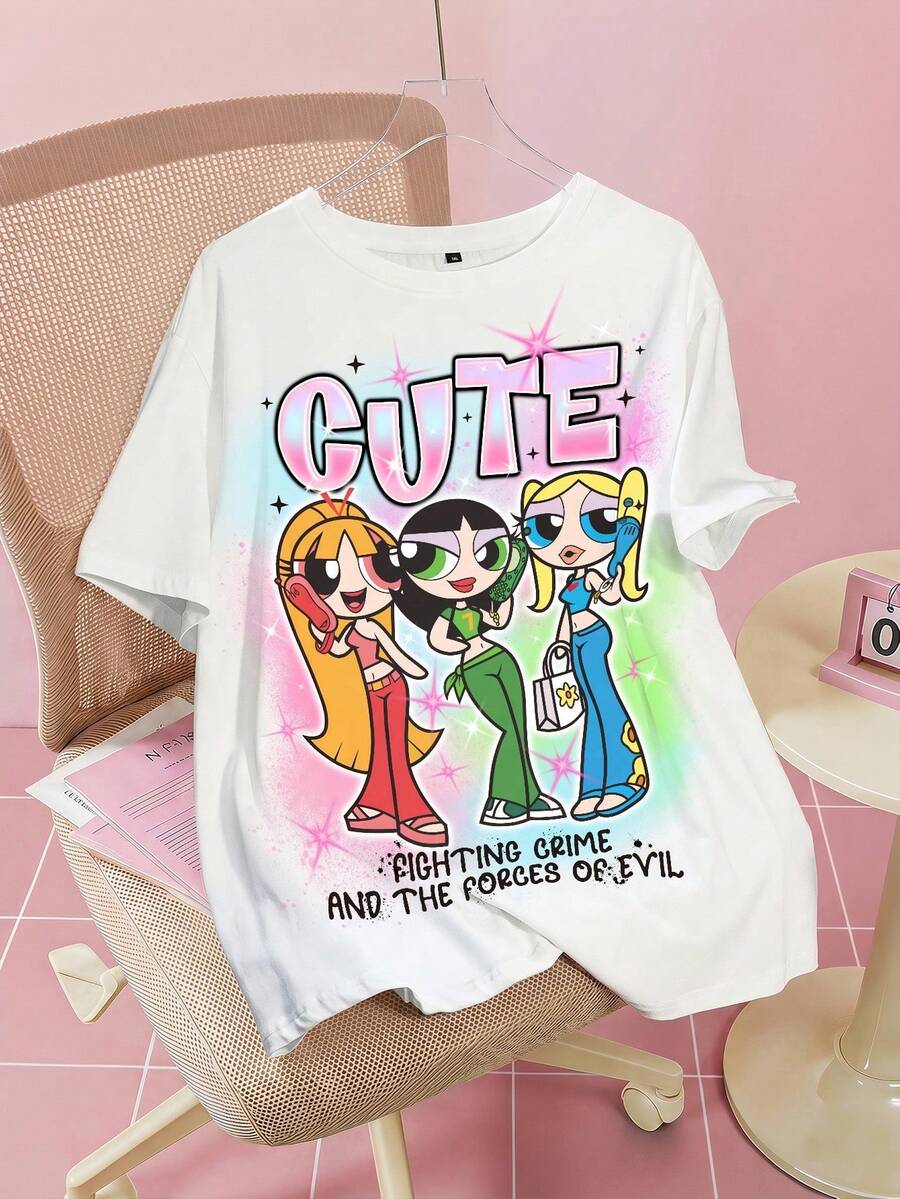 THE POWERPUFF GIRLS X SHEIN 大码休闲可爱字母卡通图案圆领短袖T恤,夏季 - 白色 - 查看 1