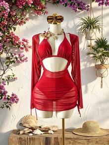 Swim SXY Setelan Baju Renang Wanita 3 Potong Ukuran Plus dengan Hiasan Bunga, Warna Polos, Seksi - Merah - View 3