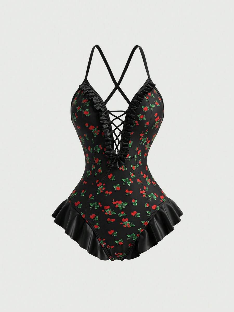 SHEIN MOD Ruffle Trim Patchwork Front Tie Strawberry Print Contrast Color One-Piece Swimsuit - Black - View 1