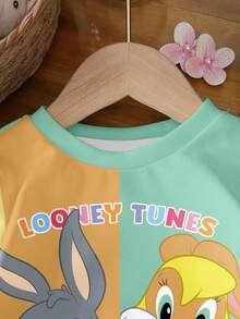 LOONEY TUNES X SHEIN 女婴休闲日常通勤可爱卡通兔子字母图案撞色圆领卫衣，春秋季 - 白色 - 查看 3