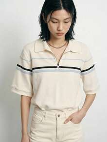 FRIFUL 女款半鈕扣POLO領寬鬆藍白條紋撞色T恤，學院風休閒，適合夏季、早午餐、日常上學穿著 - 白色 - 查看 9