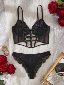 SHEIN 2 piezas Corsé con Decoración de Encaje Negro - Negro - Ver 2