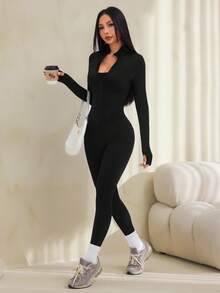 SHEIN PETITE Solid Zip Up Sports Jacket With Thumb Holes - Black - View 3