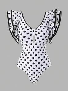 Swim Oasis 1pc Women's Black & White Polka Dot Print Beach One-Piece Swimsuit With Skirt - Black and White - View 3