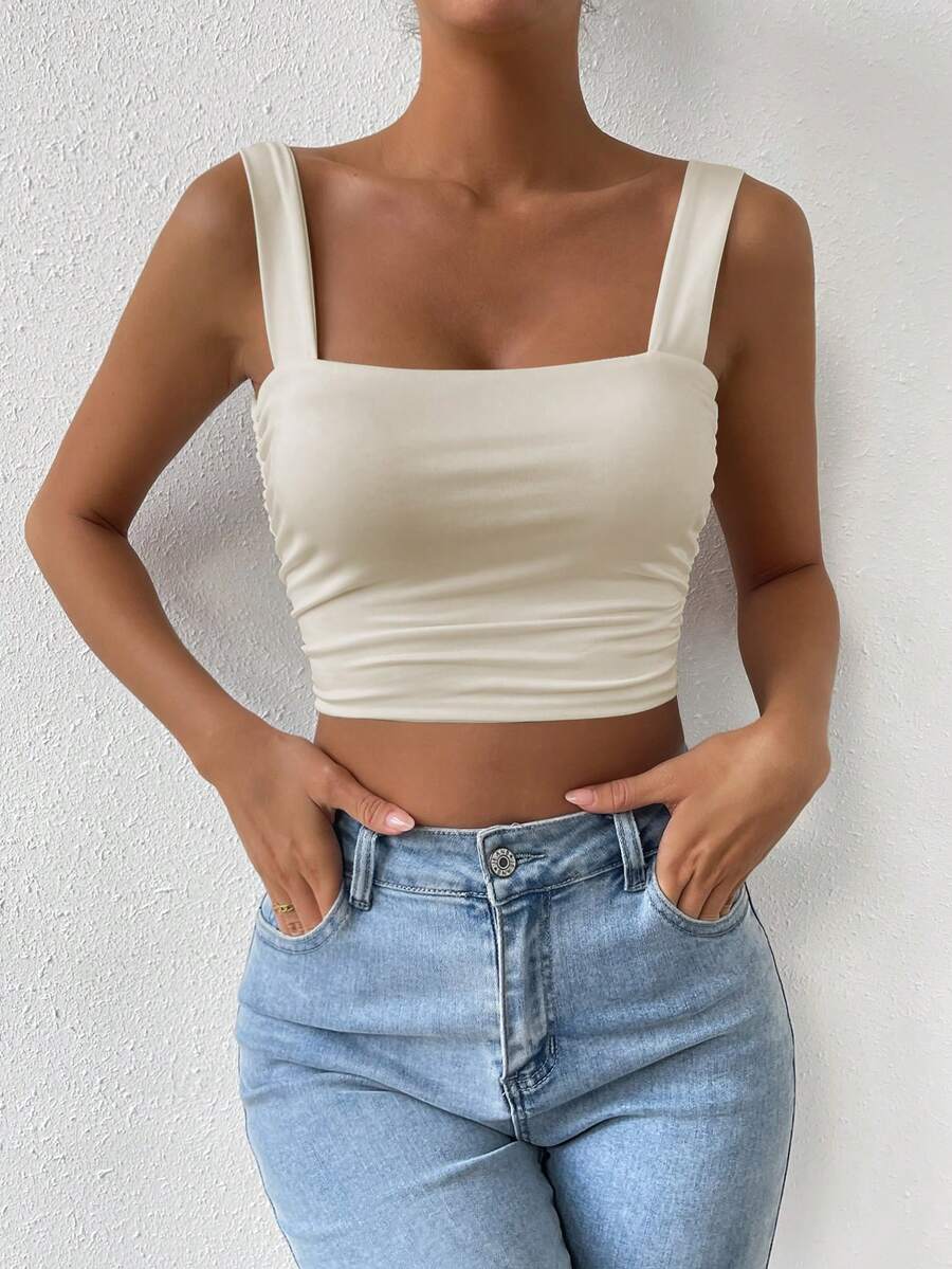 Allurite Women's Solid Color Pleated Crop Fitted Camisole For Summer - Beige - View 1