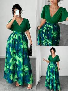 Rometta 大尺碼女款春夏波希米亞風海灘度假休閒旅行風高端設計多彩不對稱幾何印花時尚迷人性感圓領荷葉袖長洋裝 - 彩色 - 查看 2