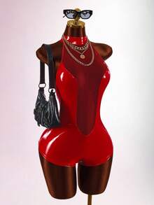 Amplova Women's Hot PU Mesh Patchwork Streetwear Techno Sexy Jumpsuit Halloween Club Rave Night Out Dark Red Summer - Red - View 2