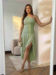 Hourglow Plus Size Asymmetrical Shoulder Elegant Casual Vacation Party Wedding Guest Dress Sage Green Summer For Hourglass Body Shape - Green - View 8