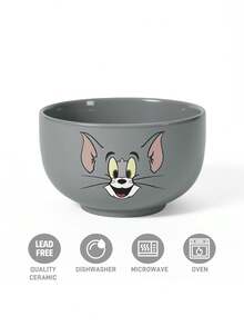 TOM & JERRY X SHEIN 經典貓鼠主題陶瓷碗，可愛角色印花穀物碗，沙拉/湯碗，適用於早餐與日常使用 - 灰色 - 查看 3
