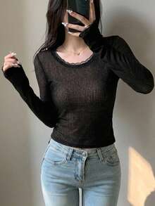 Joudiya 秋季黑色鏤空蕾絲上衣 婚禮宴會優雅透視短版長袖女款上衣 - 黑色 - 查看 8
