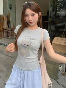 DAZY Camiseta de mujer ajustada con diseño de estampado animal para primavera y verano, top lindo - Gris Claro - Ver 5