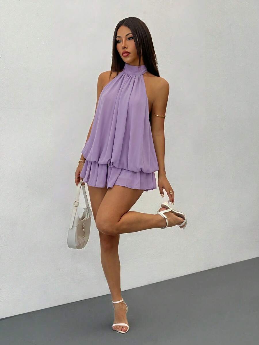 SHEIN PETITE 優雅淺黃色無袖繫帶領迷你洋裝,適合派對、約會,秋冬與春夏穿著,適合嬌小女性 - 淺灰紫 - 查看 1