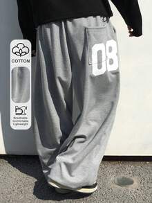 DAZY Long Gray Letter Print Drawstring Hem Design Men Pants - Grey - View 3