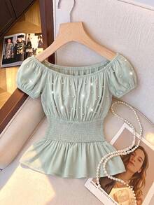 Modelyn Off-Shoulder Short Sleeve Cinched Waist Slim Fit Blouse, Spring/Summer Date Brunch Daytime Tea Party Golf Sage Green Elegant Romantic Sexy - Green - View 6