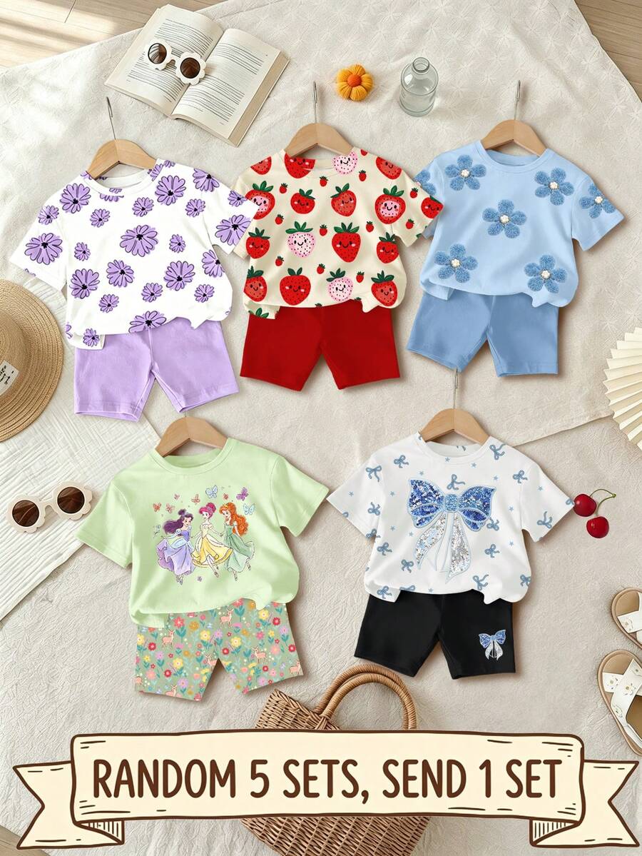SHEIN 幼女 2 件套夏季女童服裝驚喜盒 [5 組隨機，發送 1 組] 可愛甜美夏季套裝 優雅小女孩 2 件套長褲套裝 兒童時尚套裝 幼童服裝 春/夏季服裝套裝，休閒外出、返校、派對穿搭 - 彩色 - 查看 1