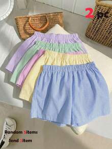 Tween Girl 2pcs/Set Casual Street Woven Striped Straight Leg Shorts - Multicolor - View 1