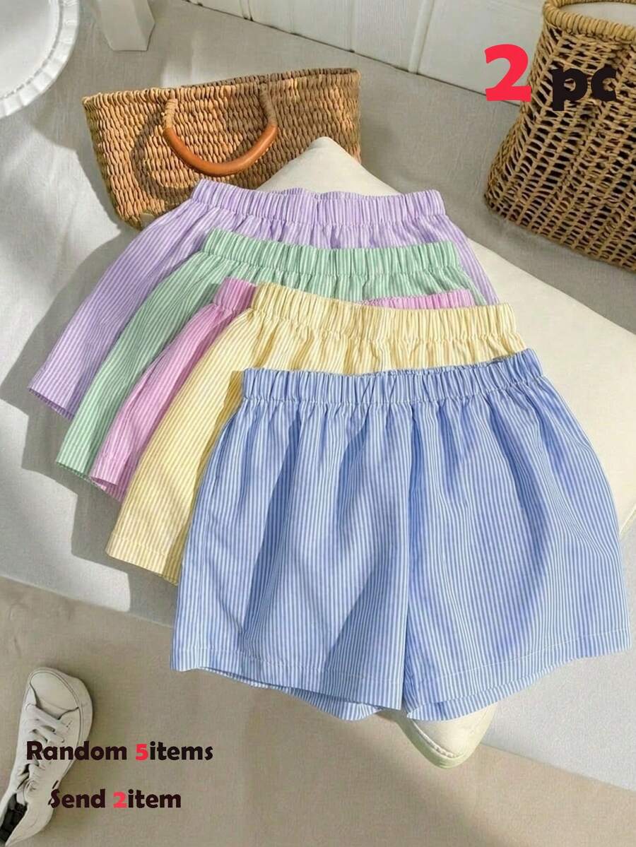 Tween Girl 2pcs/Set Casual Street Woven Striped Straight Leg Shorts - Multicolor - View 1