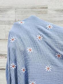 EMERY ROSE Daisy Pattern Ruffle Sleeve Single-Breasted Plus Size Shirt - Blue - View 6
