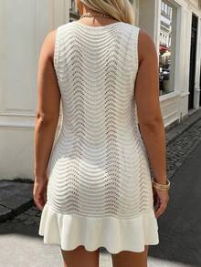 Breezaya Women's Plus Size Sexy Hollow Out Water Ripple Knit Dress, V-Neck Solid Color Asymmetric Ruffle Casual Tank Dress Fall - White - View 3
