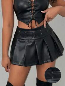 Slaydiva Women Black High Waist Rivet Faux Leather Pleated Mini Skirt Punk A Line Club Skirts Gothic Punk Rocker Clubwear Y2K Streetwear Sexy Short Skirts - Black - View 12