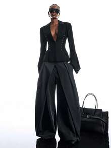 LYSMO Women's Fashionable Street Style Drawstring Tie-Up Elegant Blazer - Black - View 3