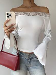 SHEIN PariChic Women's Elegant And Casual White Lace Off-Shoulder Top, Flare Long Sleeve Form-Fitting Tee, Sexy Slim Fit Blouse For Night Out Date Night Street Style - White - View 6