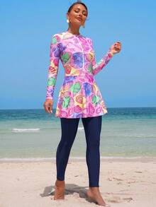 Swim Shayni 2件套女士白色底彩色贝壳随机印花长袖半拉链紧身上衣和A字连衣裙配紧身裤，中东女士布基尼 - 彩色 - 查看 5