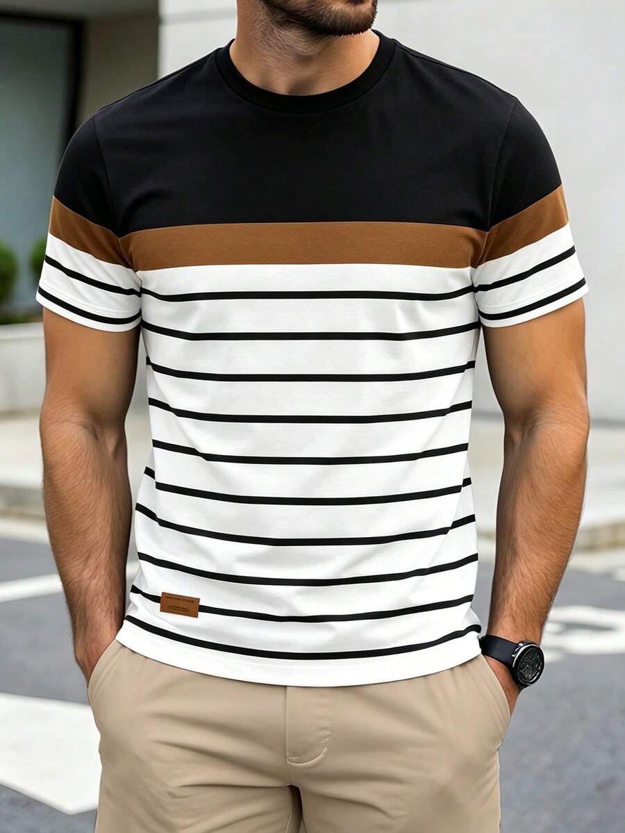 Azurnel Men's Casual Business Striped Contrast Color Denim Crew Neck Short Sleeve T-Shirt - Black - View 1