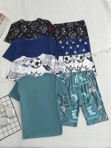 Bộ đồ ngủ 4 món cho bé trai tuổi teen, in hình bóng đá và trò chơi, cổ tròn, tay ngắn, quần short, thoải mái để mặc ở nhà. - Nhiều màu - Xem 2