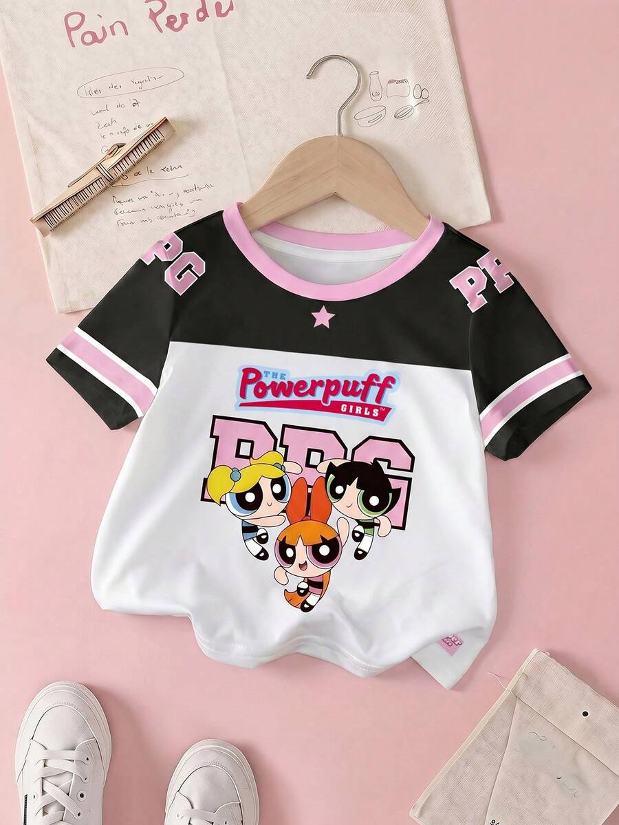 THE POWERPUFF GIRLS X SHEIN 女婴花朵、泡泡、毛茛图案撞色圆领短袖上衣 - 白色 - 查看 1