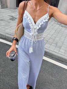 Serisse Women's Striped Tassel Design Casual Daily Outing Camisole Jumpsuit - Blue and White - View 6