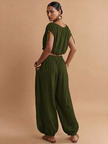 Zivah Women's Solid Color Pleated Top And Lantern Pants Casual Daily Set - Army Green - View 2