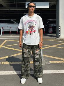 DAZY 男士休闲时尚街头迷彩印花破洞阔腿牛仔裤，适合日常通勤 - 彩色 - 查看 4