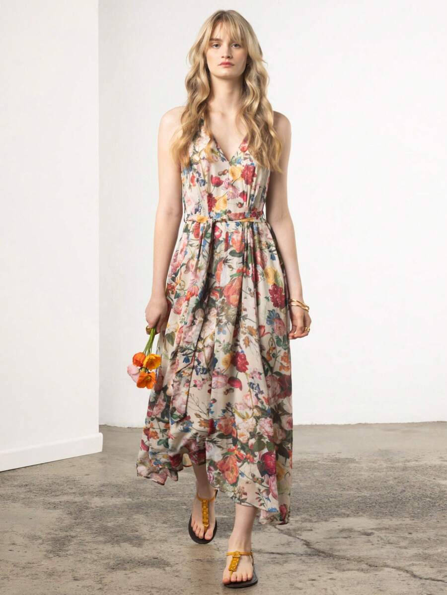KÆRIA Hus Rove Maxi Dress - Georgette, Floaty, Sleeveless, Deep V-Neck, Half Sleeve, Belted, Long, Multi-Color Floral, Tiered - Floral - Boho, Wedding - Multicolor - View 1