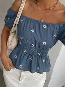 DAZY Débardeur camisole minimaliste sexy et décontracté pour femmes, style vacances d'été, imprimé floral brodé sur tout le corps, à fines bretelles - Bleu azur - Voir 3