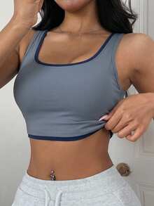 DAZY Colorblock Patchwork Cropped Wide Strap Padded Tank Top Sports Bra For Women - Blue - View 5