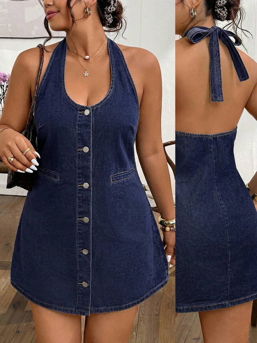 Lounesse Plus Size Women's Solid Color Halter Neck Fashion Casual Denim Dress Dresses For Women Summer - Dark Wash - View 1
