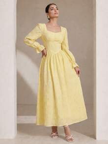 Graceveil Women Spring Autumn Cotton Eyelet Cinched Waist Maxi Dress Square Neck Puff Sleeve Ruffle Cuff Long Gown For Daily Outing Date Sisters Gathering - Yellow - View 2