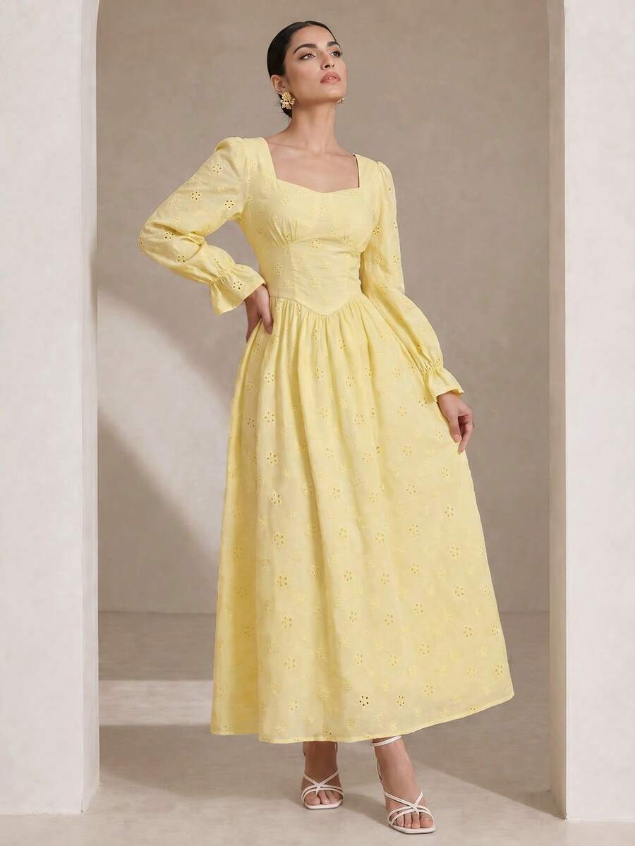 Graceveil Women Spring Autumn Cotton Eyelet Cinched Waist Maxi Dress Square Neck Puff Sleeve Ruffle Cuff Long Gown For Daily Outing Date Sisters Gathering